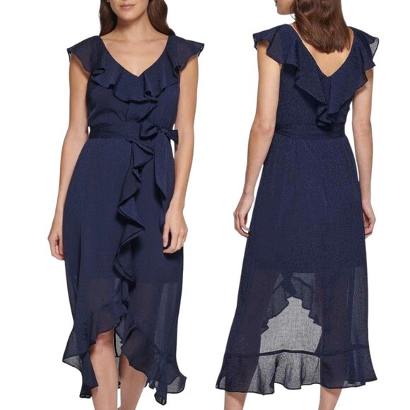 DKNY Women's Navy Blue Chiffon Evening Party Event Ruffled Midi Dress - Size 10 - Picture 1 of 13